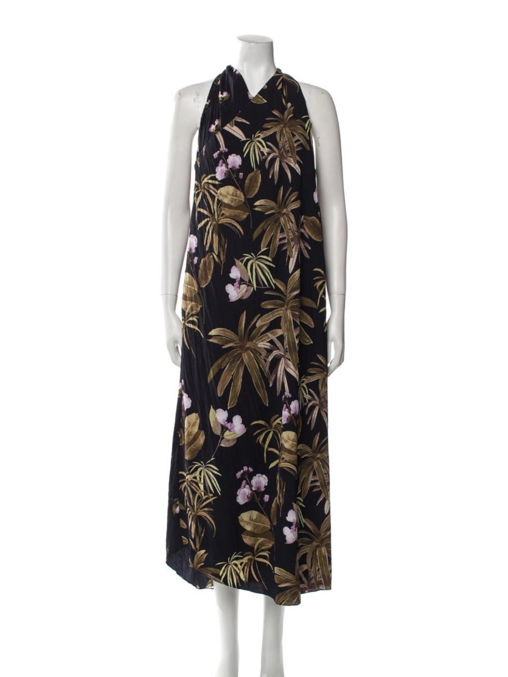 Vince Black Halter Midi Dress with Olive and Lavender Floral Print